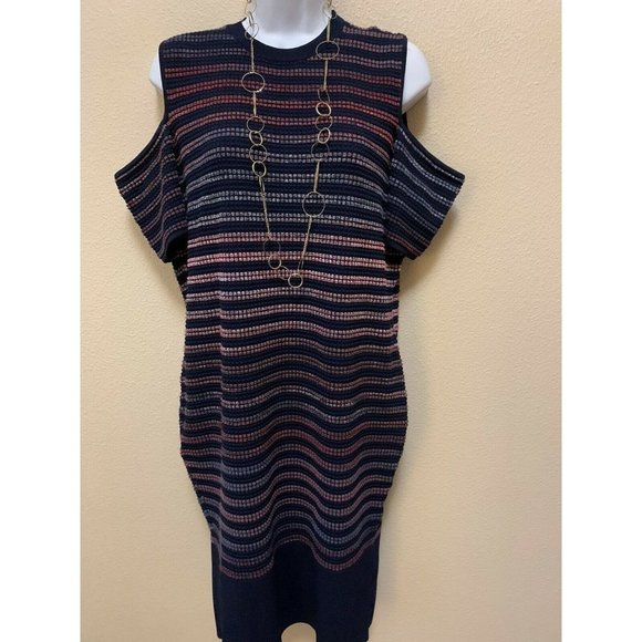RACHEL RACHEL ROY Womens Navy Blue Striped Cut Out Cold Shoulder Knit Dress 0x - Picture 1 of 8